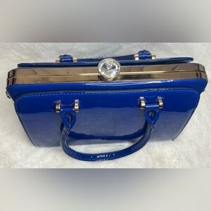 Elegant Blue Patent Clutch with Gold Accents